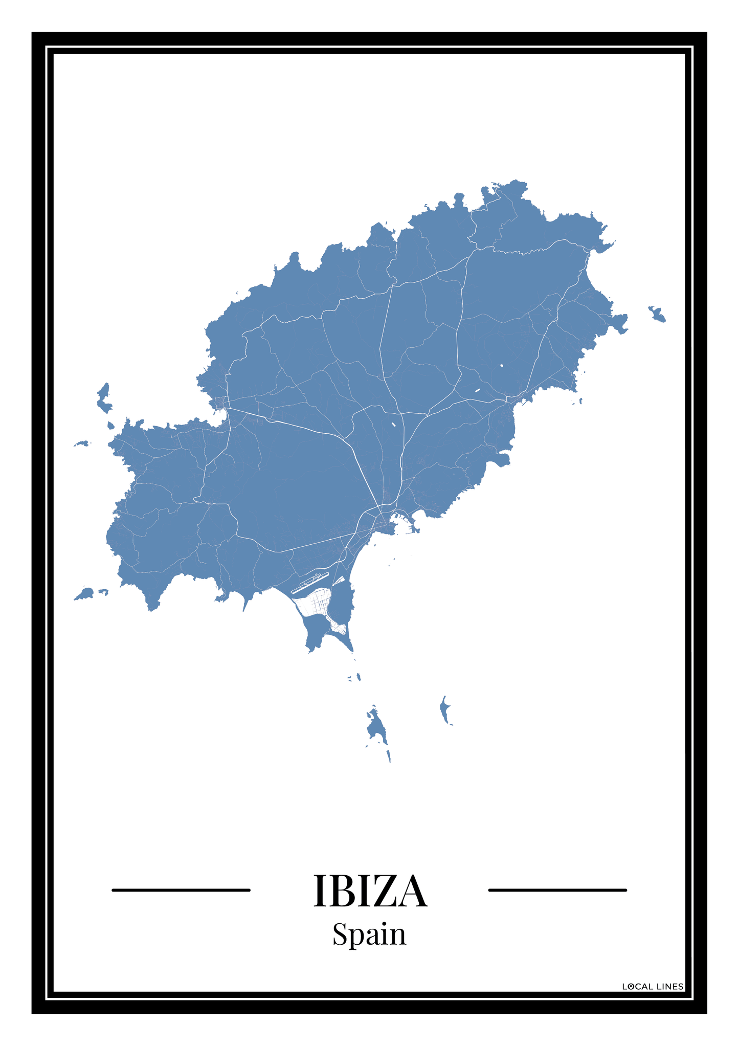 Ibiza eilandkaart poster – Blauw