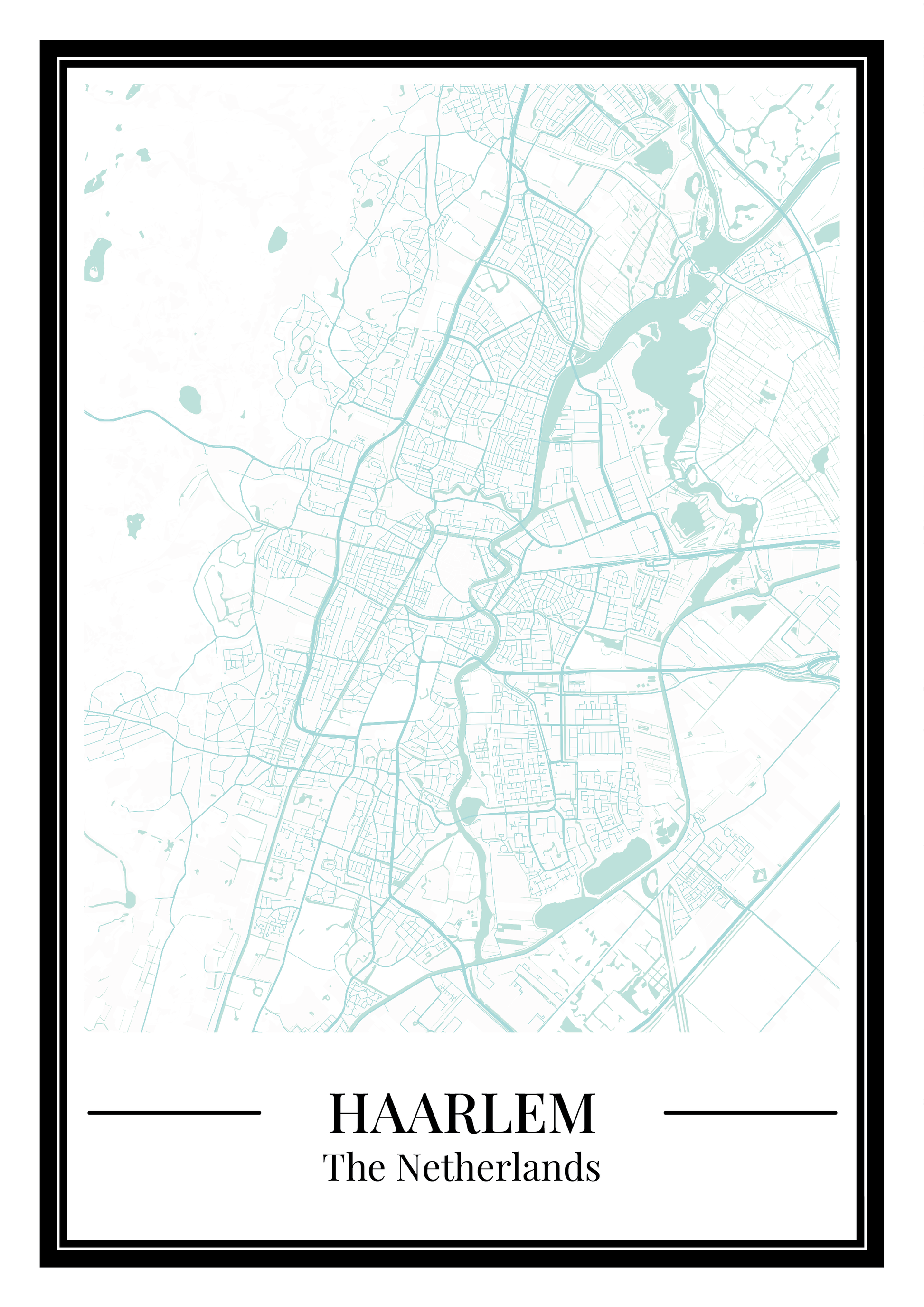 Poster Haarlem stad kaart lichtblauwe kleur