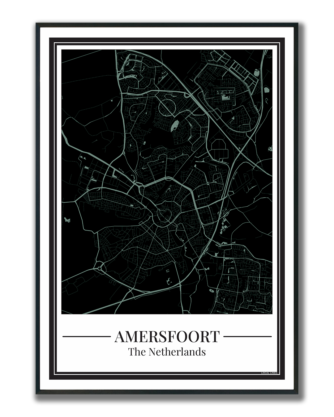 Poster van Amersfoort met stadskaart in zwart met blauw
