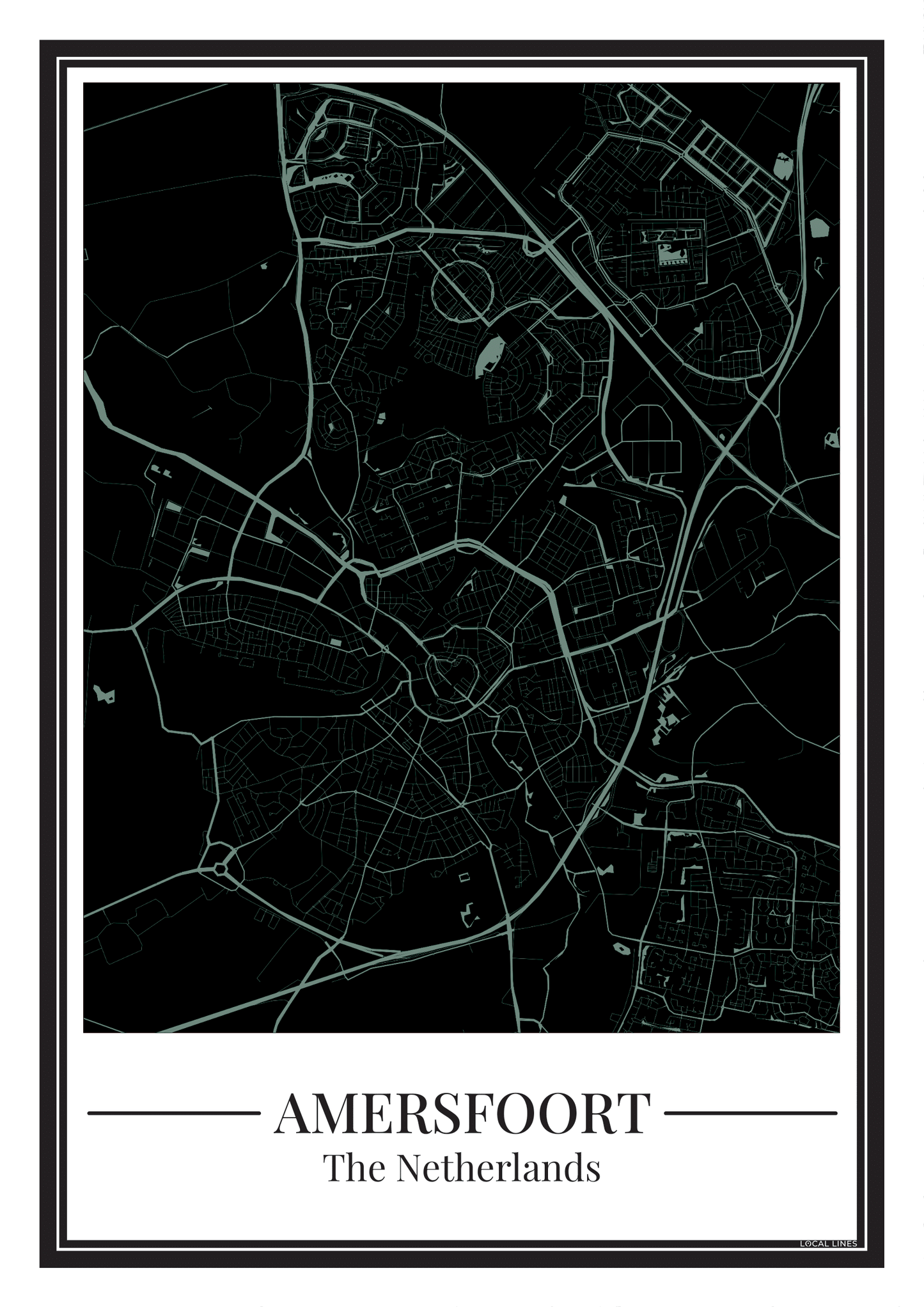 Poster van Amersfoort met stadskaart in zwart met blauwe kleur