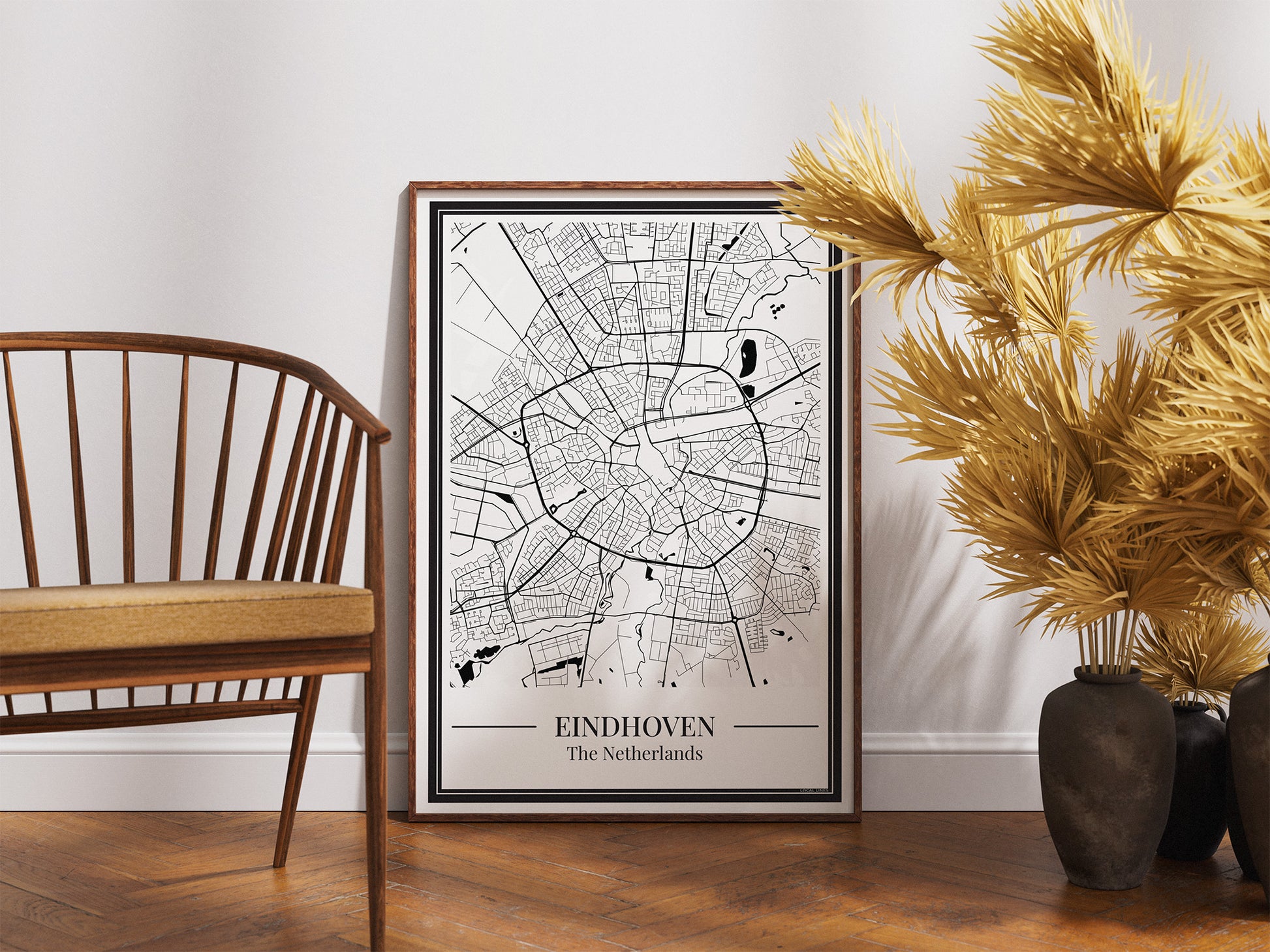 Poster van Eindhoven met Stadskaart ingelijst in interieur als decoratie