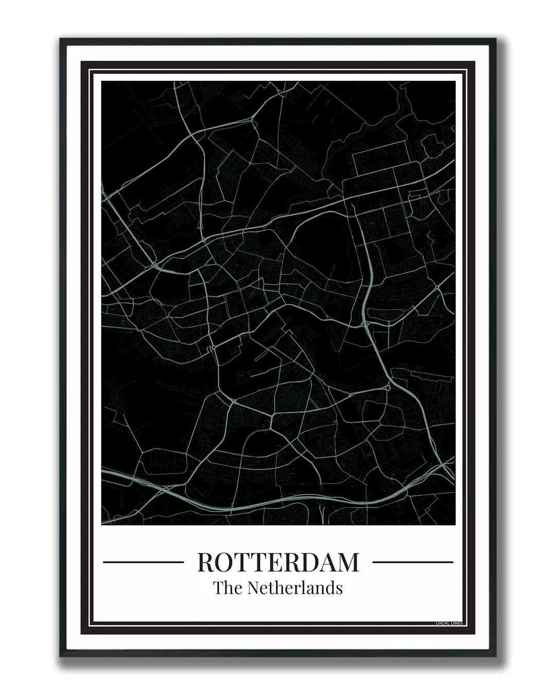 Poster van Rotterdam met stadskaart in zwart met blauw