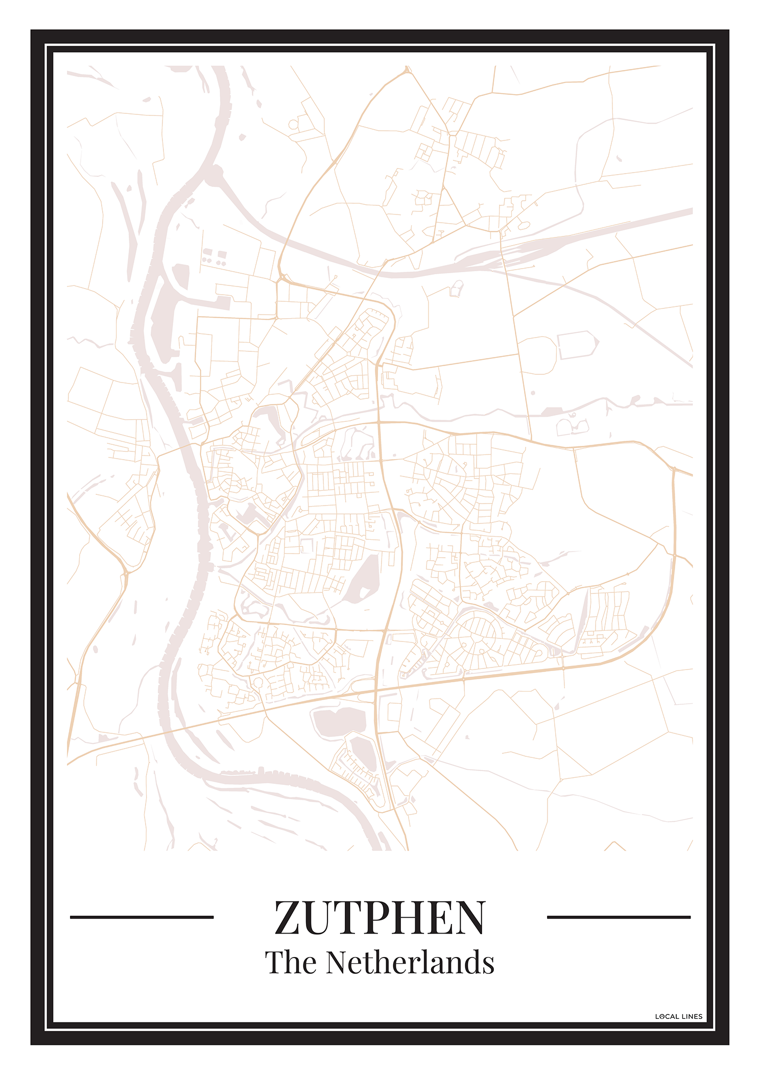 Poster van Zutphen Kopen | Stad Plattegrond in Kleur Beige