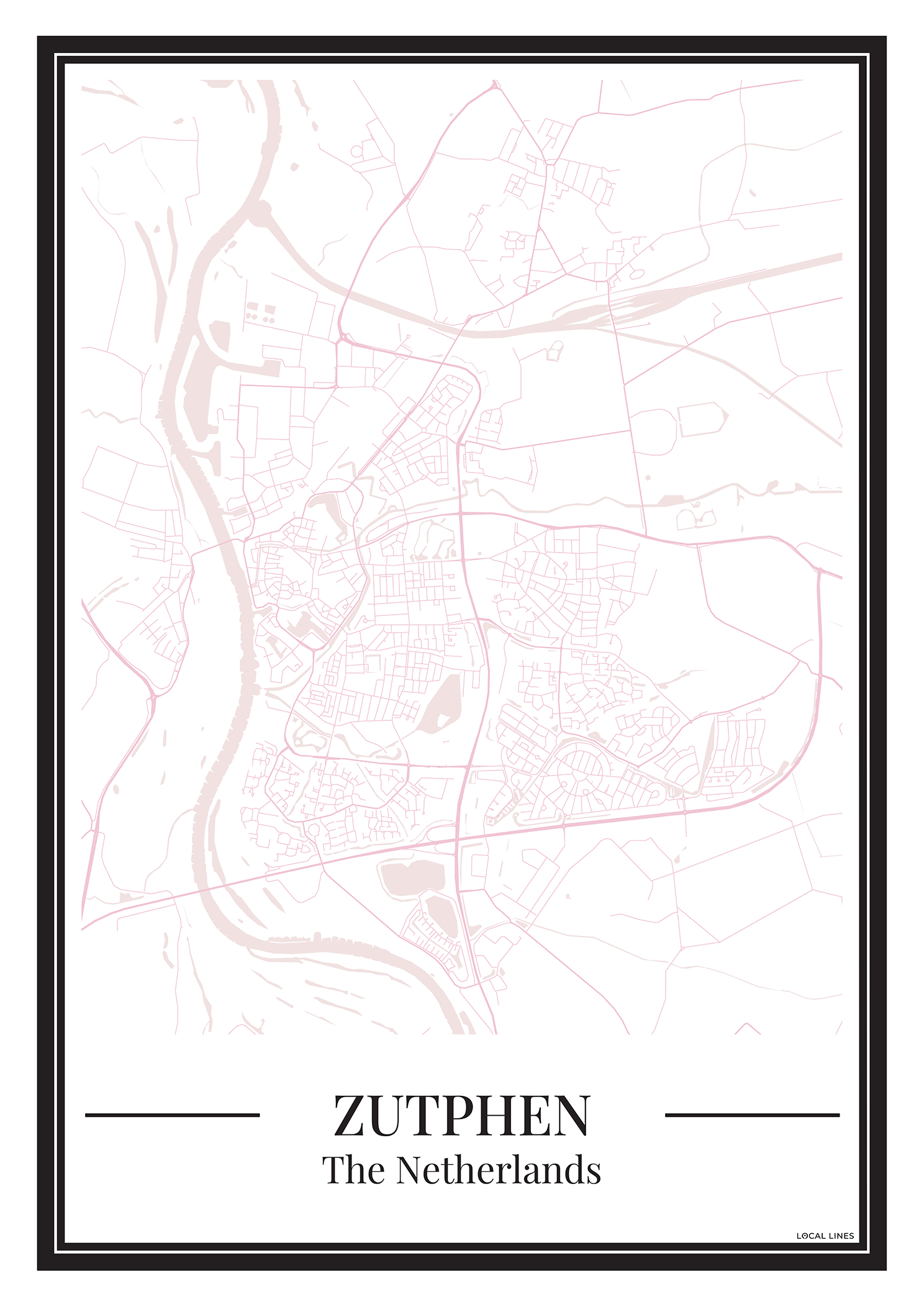 Poster van Zutphen Kopen | Stad Plattegrond in Kleur Roze