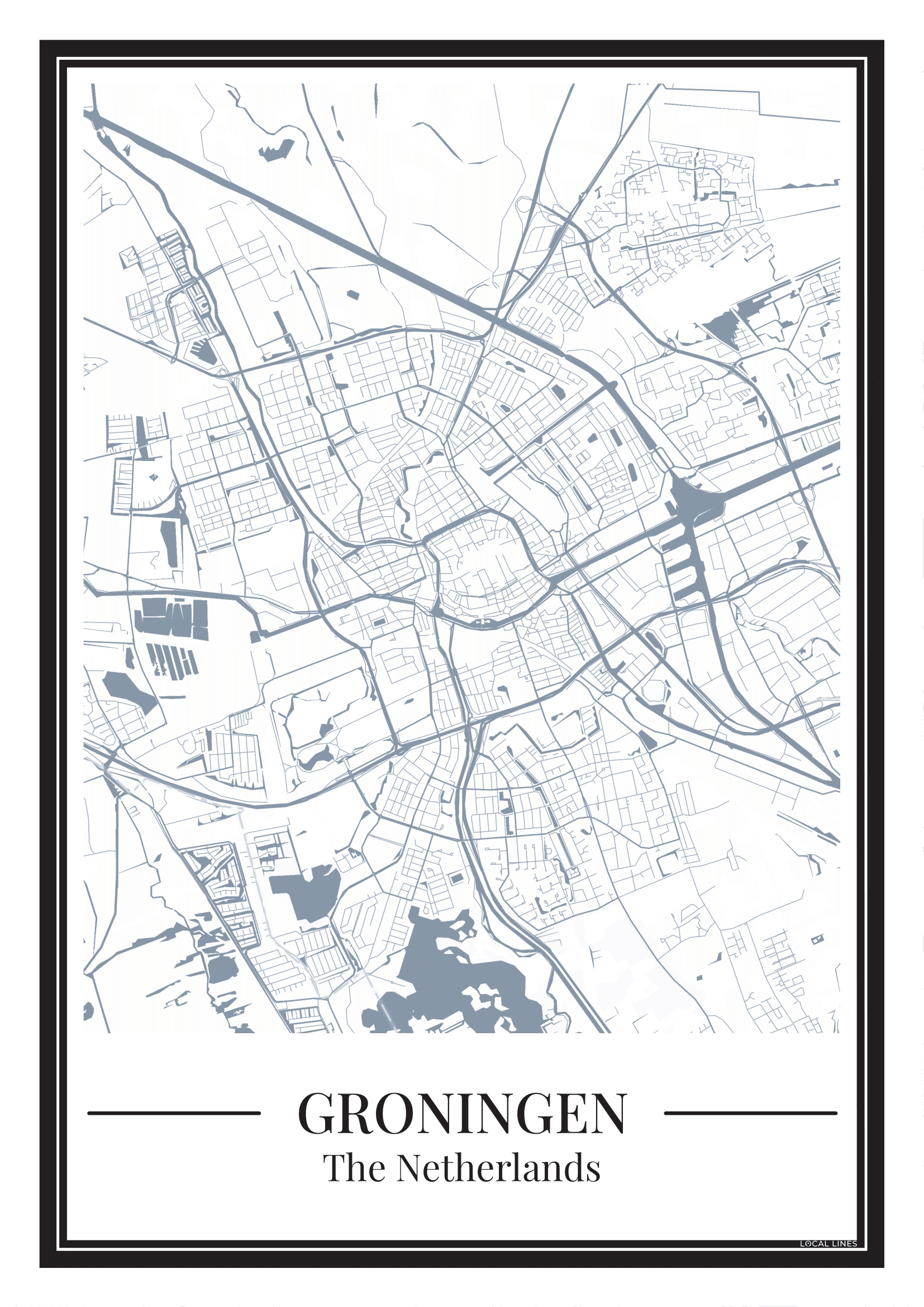 Stadskaart Groningen Poster in blauwe kleur