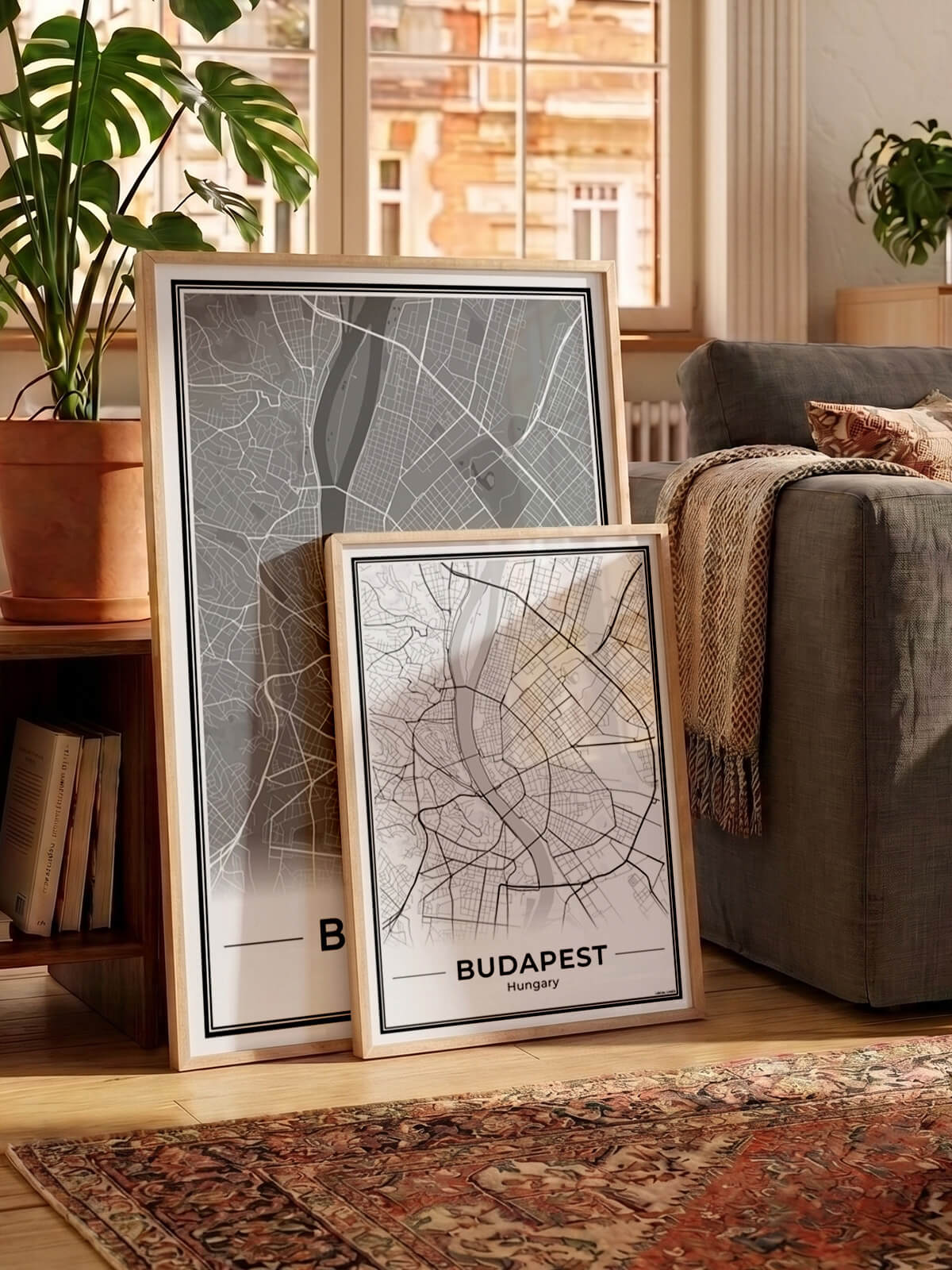 Boedapest Stadskaart – Poster - Twee posters in een woonkamer