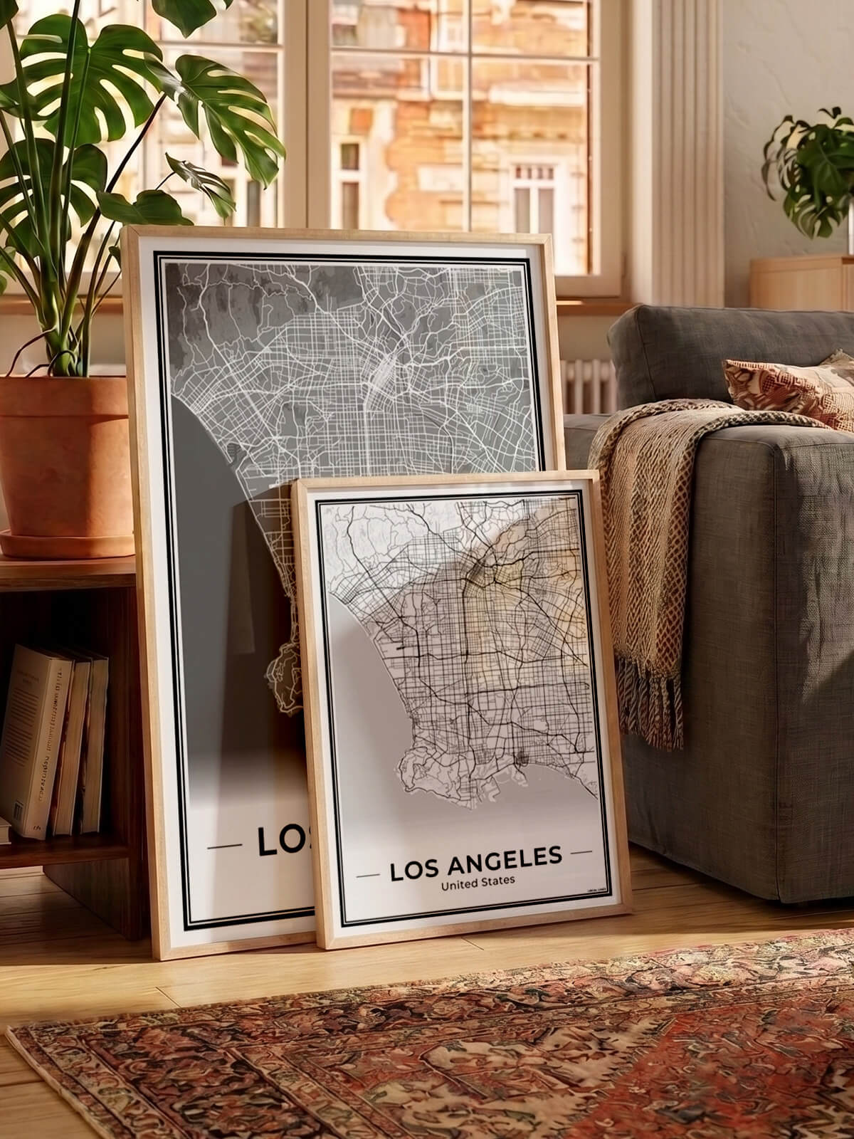 Los Angeles Stadskaart – Poster - Twee posters in een woonkamer