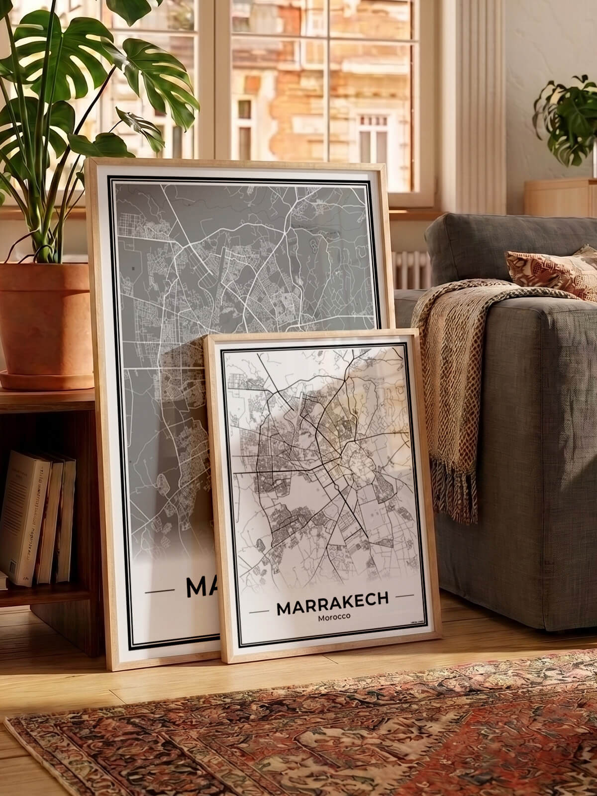 Marrakech Stadskaart – Poster - Twee posters in een woonkamer