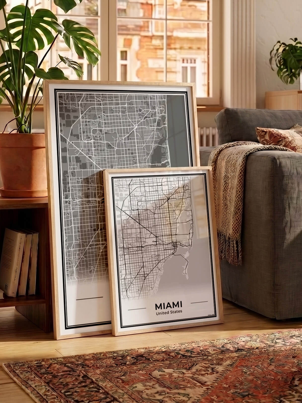 Miami Stadskaart – Poster - Twee posters in een woonkamer