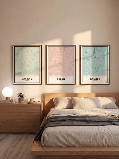 Athene Stadskaart – Poster - Drie posters in een slaapkamer