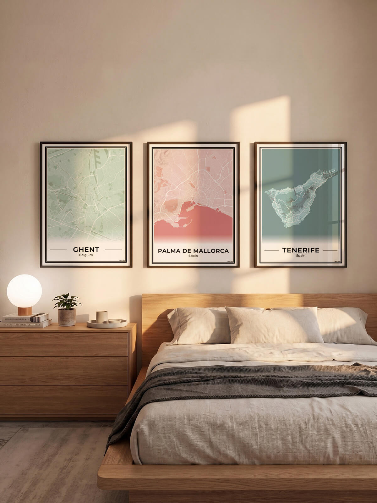 Gent Stadskaart – Poster - Drie posters in een slaapkamer