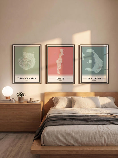 Gran Canaria Eilandkaart – Poster - Drie posters in een slaapkamer