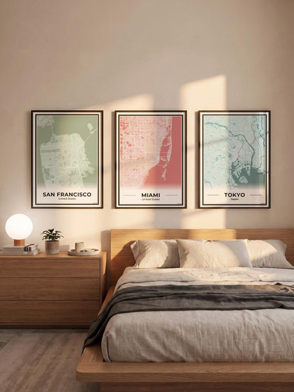 San Francisco Stadskaart – Poster - Drie posters in een slaapkamer