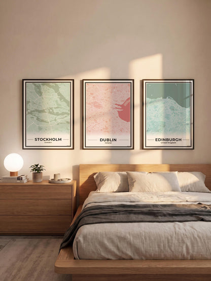 Stockholm Stadskaart – Poster - Drie posters in een slaapkamer