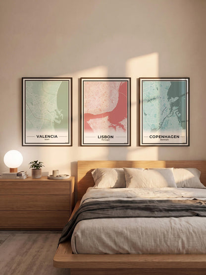 Valencia Stadskaart – Poster - Drie posters in een slaapkamer