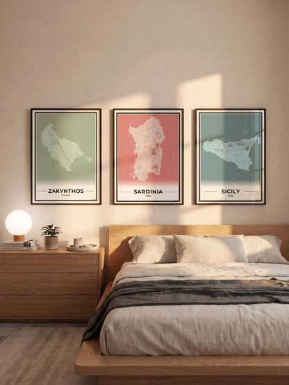 Zakynthos Eilandkaart – Poster - Drie posters in een slaapkamer