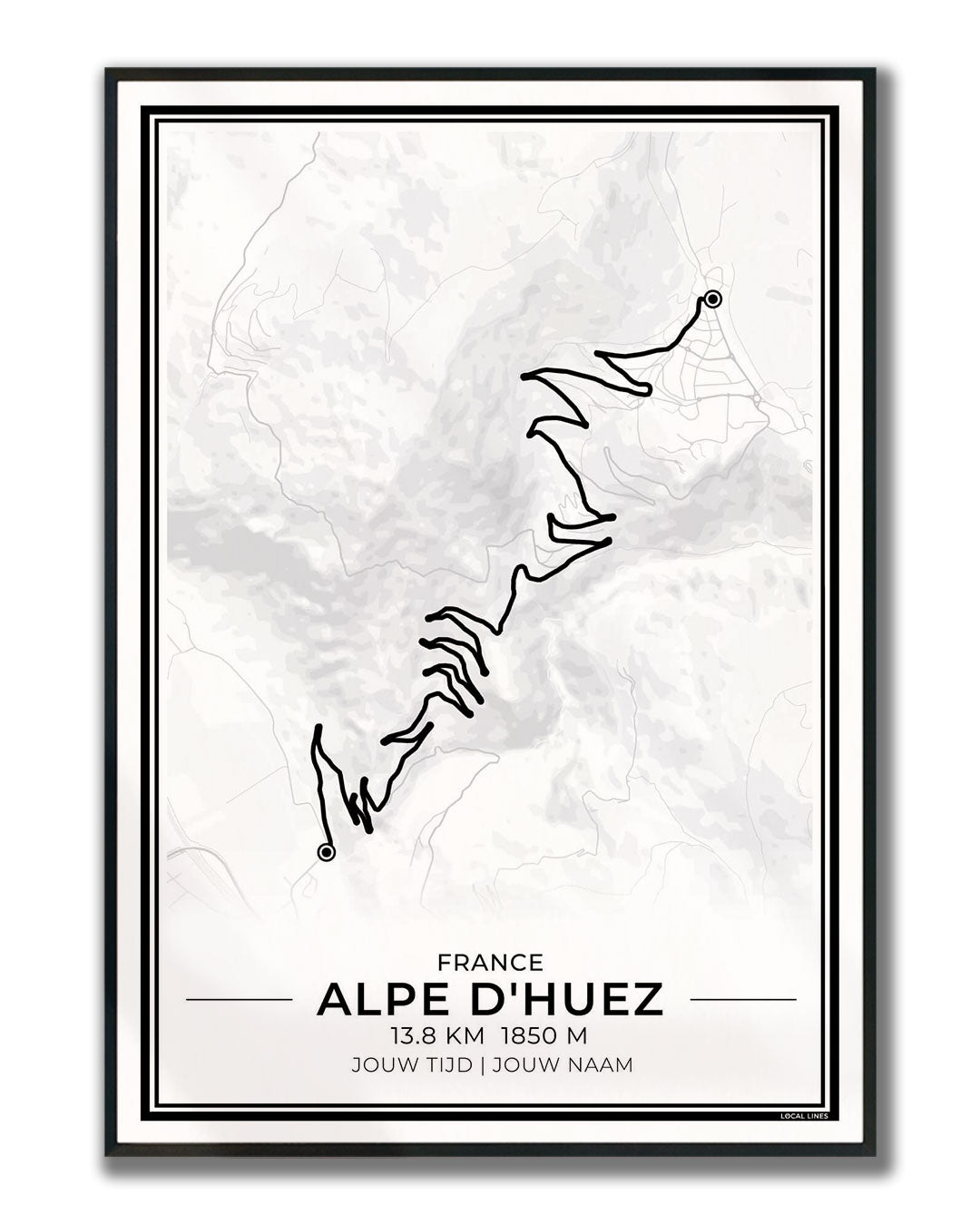 Alpe d'Huez fietsroute poster in lijst - cadeau voor wielrenner