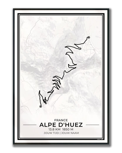 Alpe d'Huez fietsroute poster in lijst - cadeau voor wielrenner