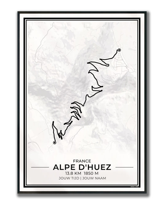 Alpe d'Huez fietsroute poster in lijst - cadeau voor wielrenner