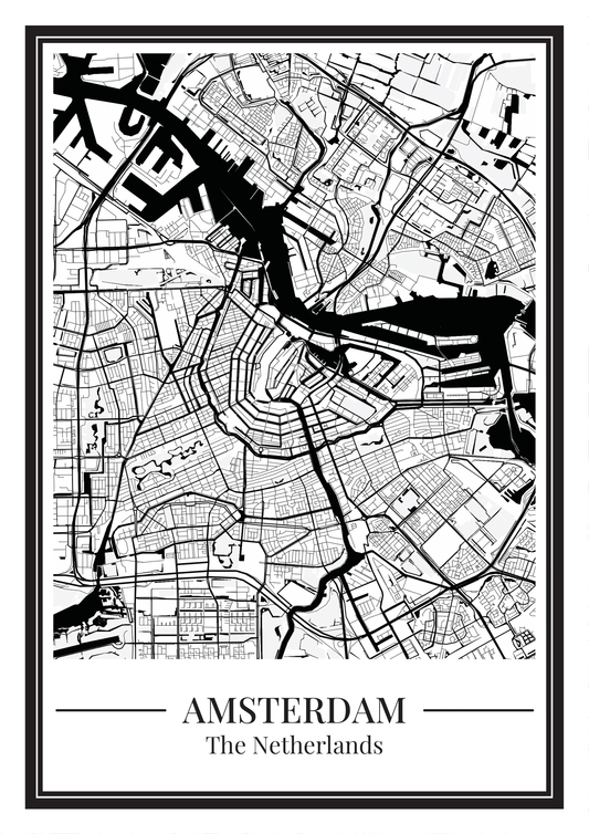 Amsterdam stadskaart poster – zwart-wit