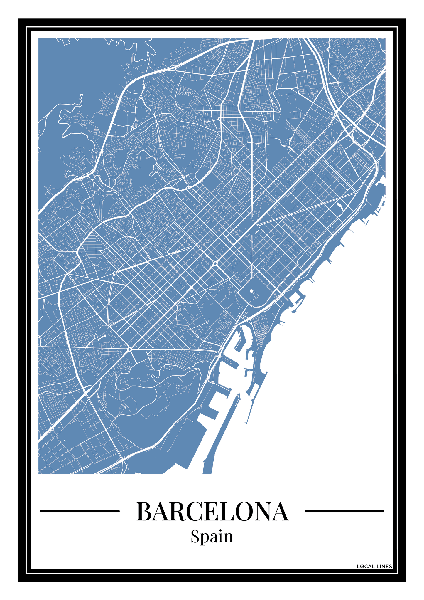 Barcelona stadskaart poster - Blauw
