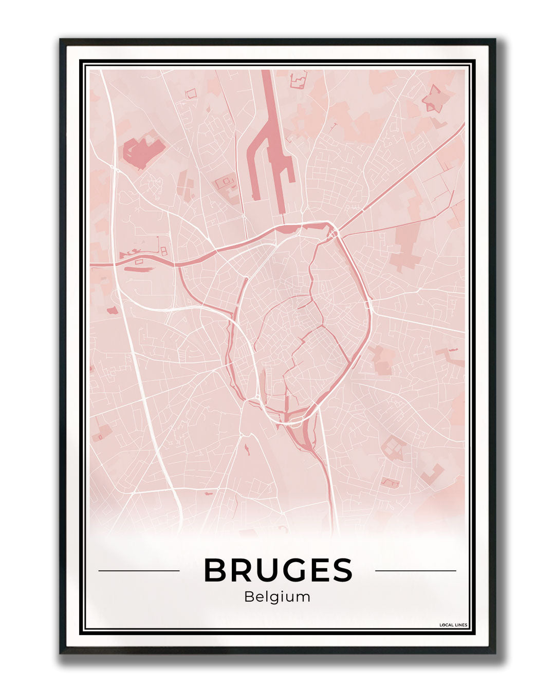 Brugge Stadskaart – Poster - Blush ingelijst