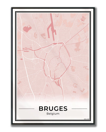 Brugge Stadskaart – Poster - Blush ingelijst