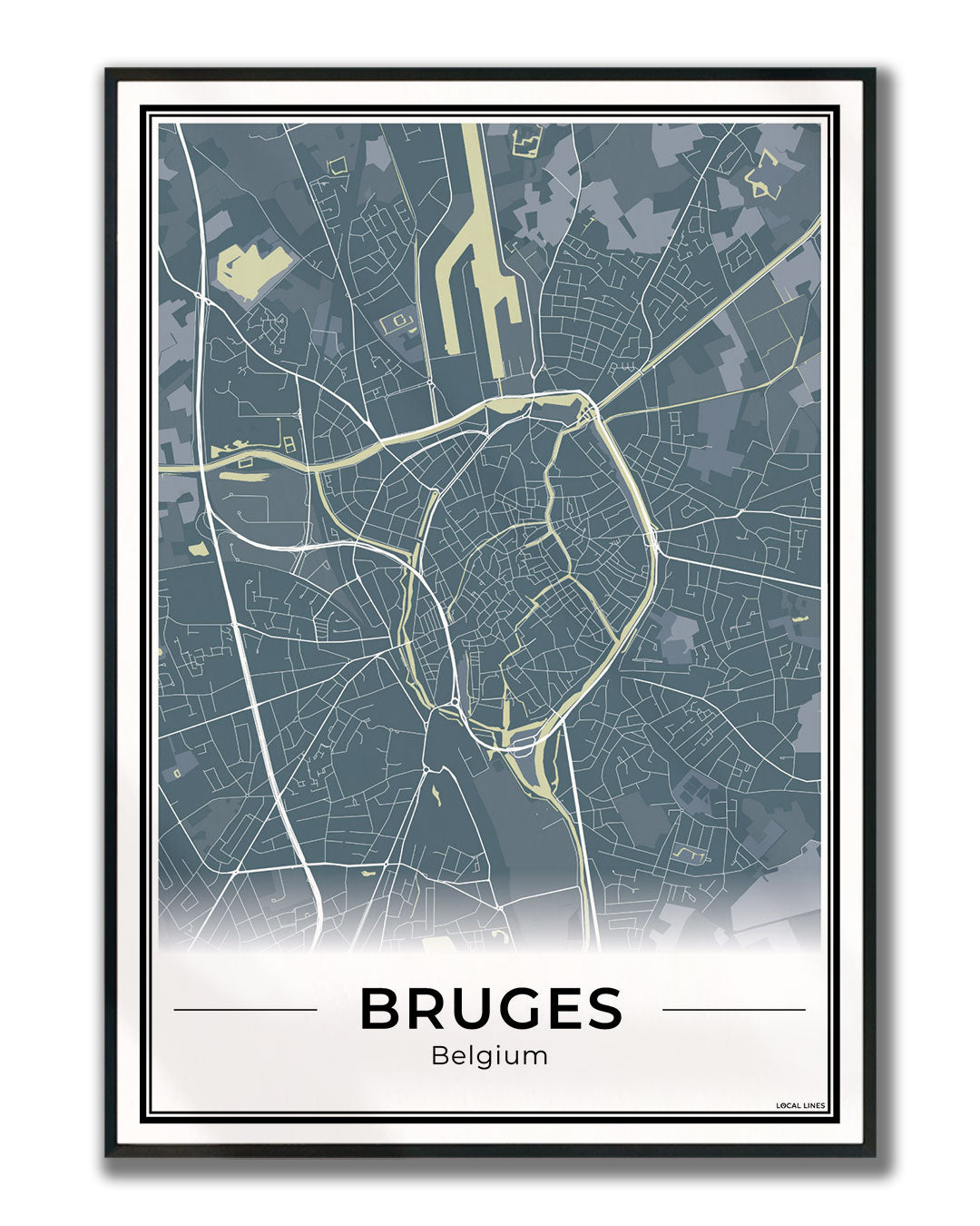 Brugge Stadskaart – Poster - Midnight ingelijst