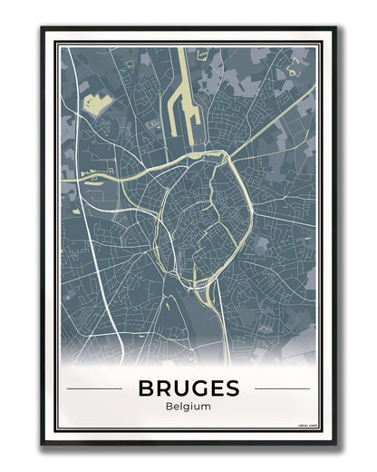 Brugge Stadskaart – Poster - Midnight ingelijst
