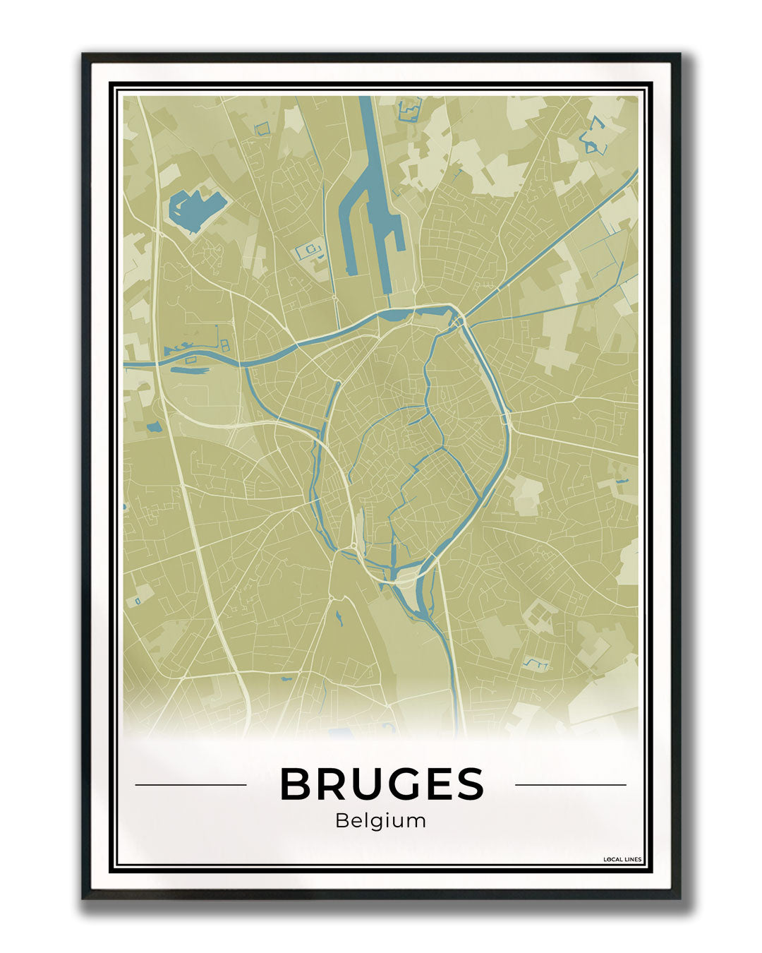 Brugge Stadskaart – Poster - Moss ingelijst