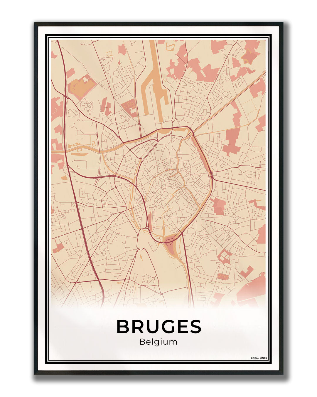 Brugge Stadskaart – Poster - Terracotta ingelijst