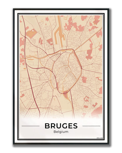 Brugge Stadskaart – Poster - Terracotta ingelijst