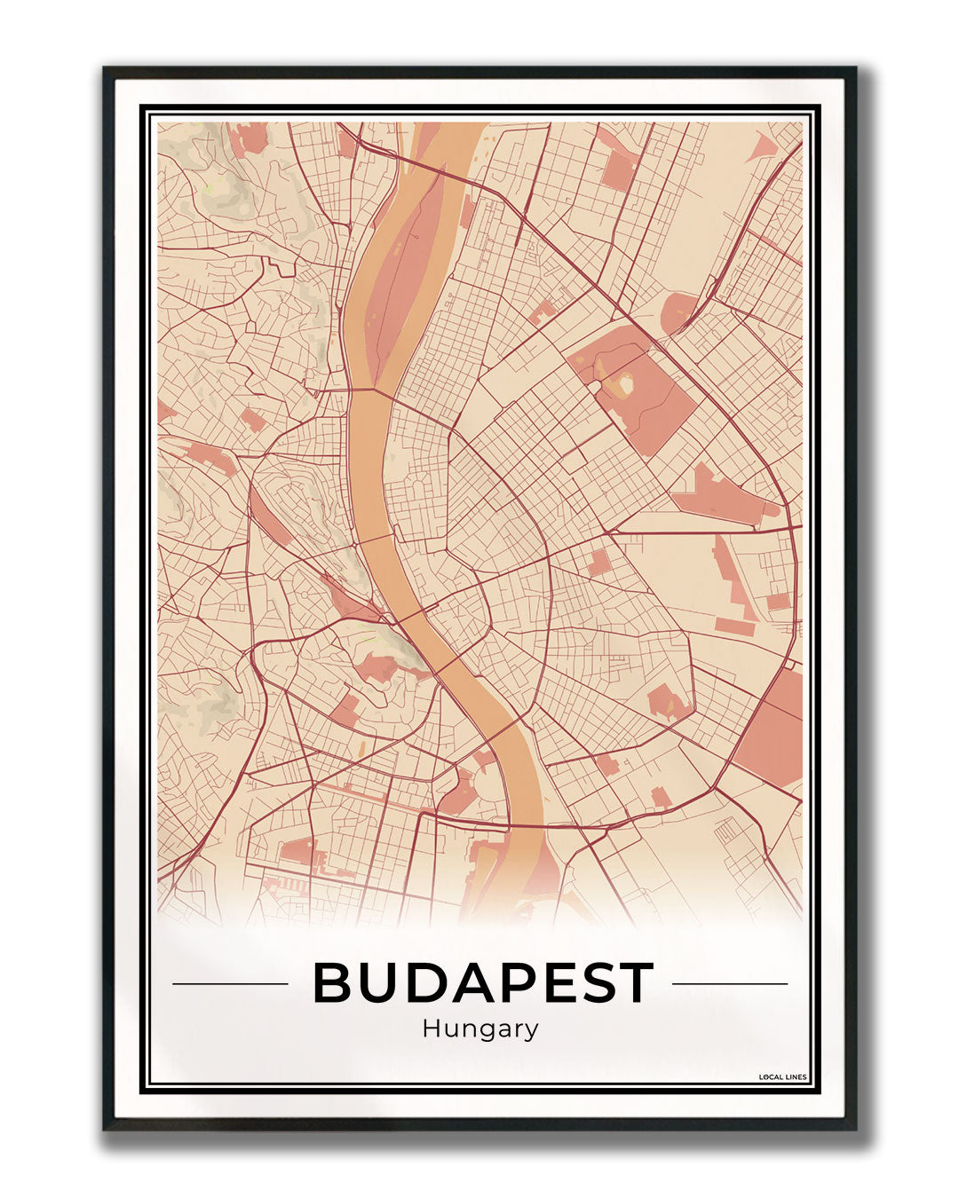 Boedapest Stadskaart – Poster - Terracotta ingelijst