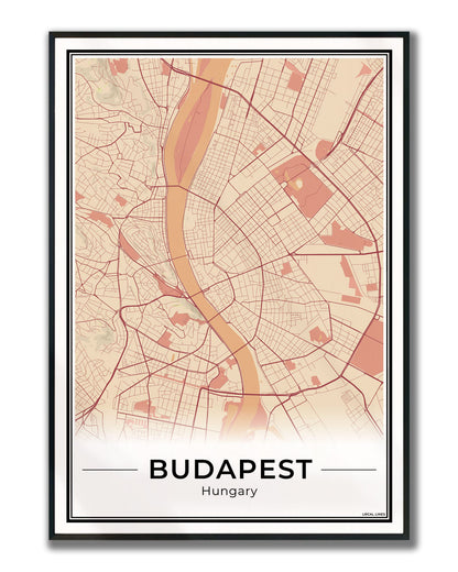 Boedapest Stadskaart – Poster - Terracotta ingelijst