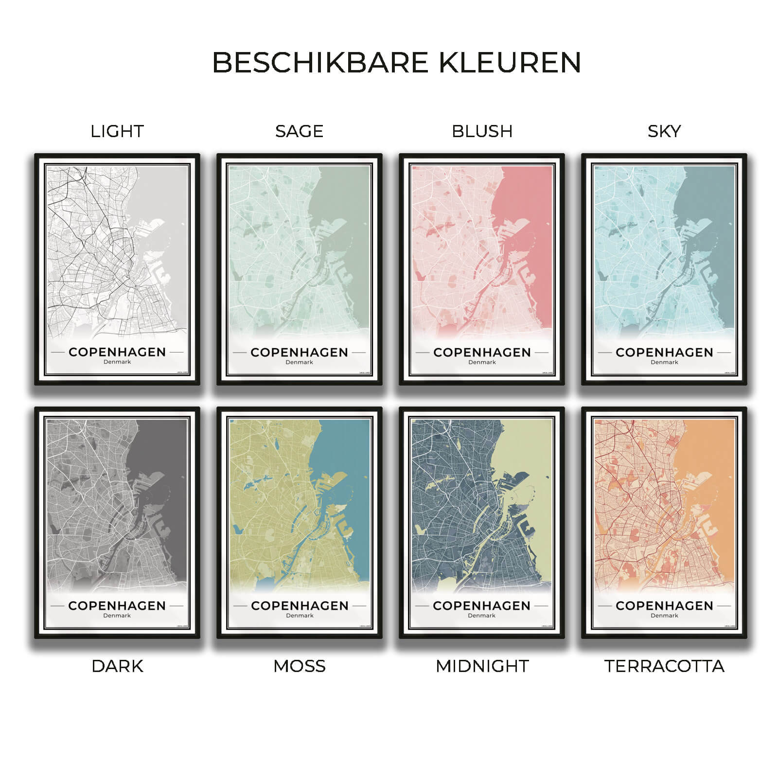 Kopenhagen Stadskaart – Poster - Overzicht alle kleurvarianten