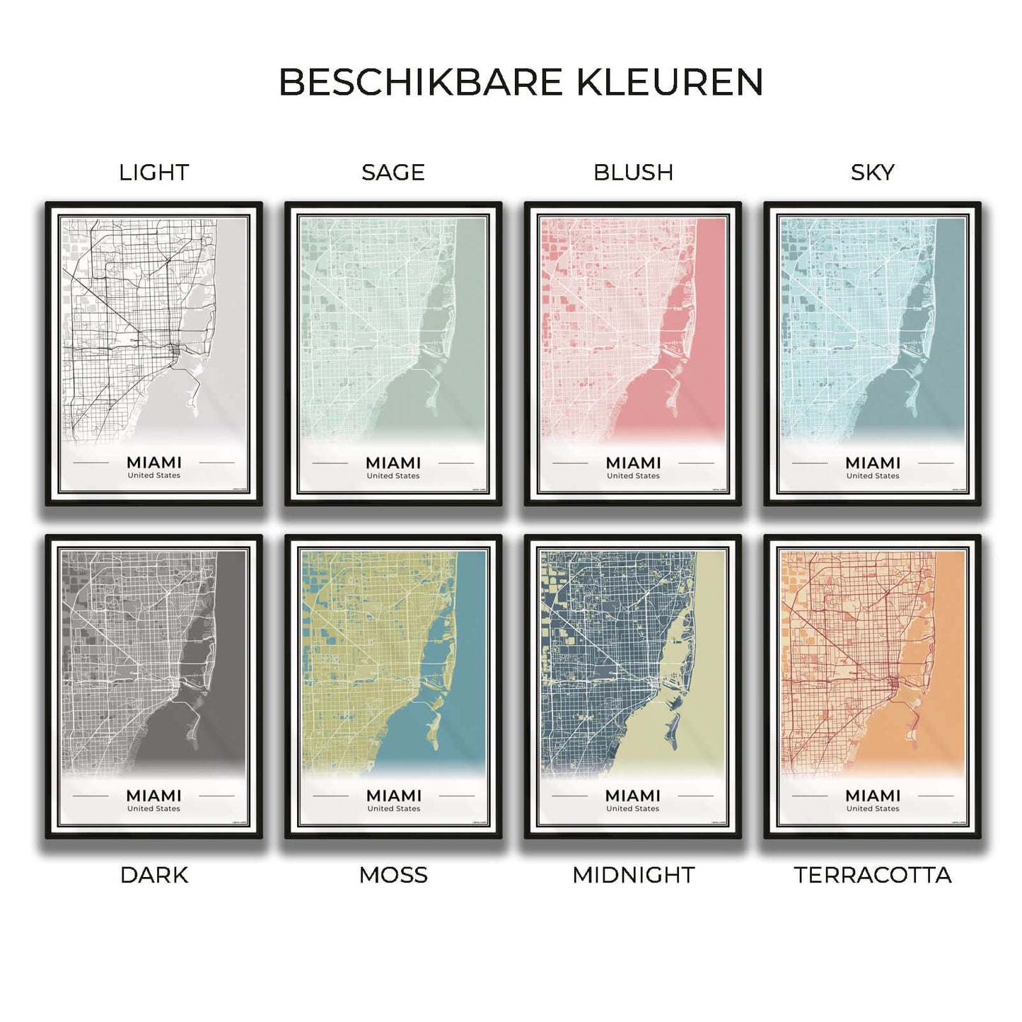 Miami Stadskaart – Poster - Overzicht alle kleurvarianten