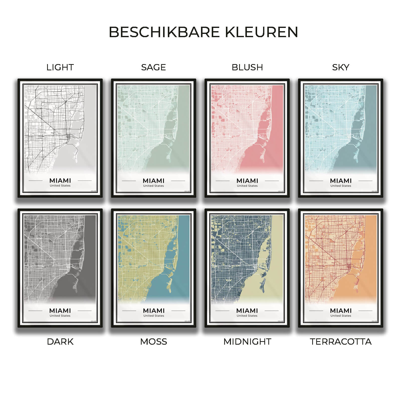Miami Stadskaart – Poster - Overzicht alle kleurvarianten