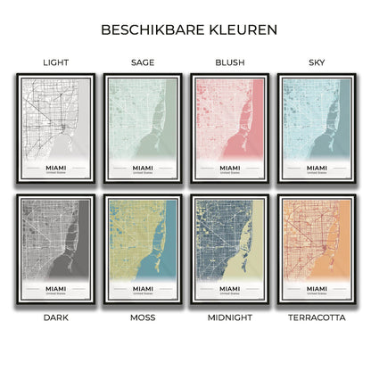 Miami Stadskaart – Poster - Overzicht alle kleurvarianten