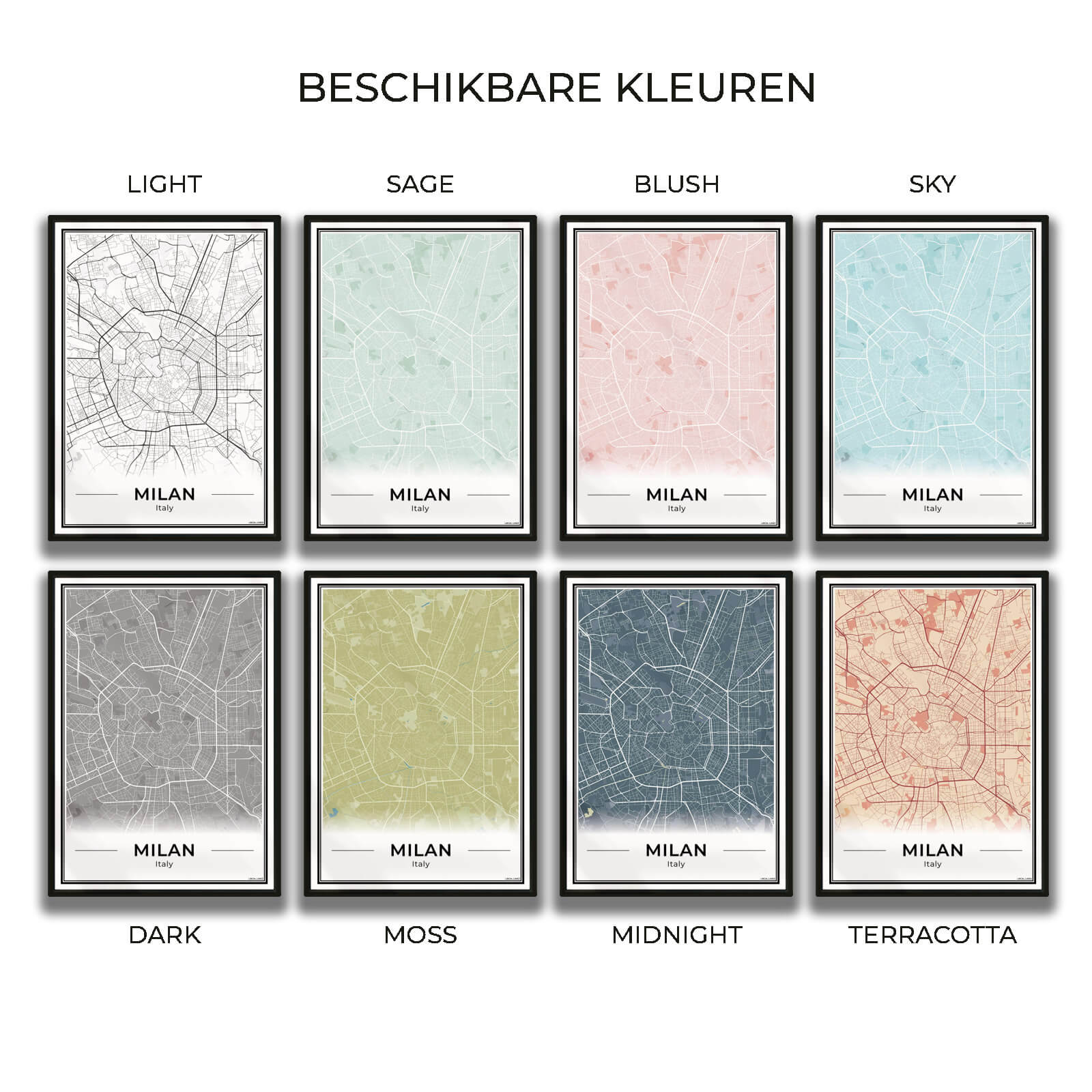 Milaan Stadskaart – Poster - Overzicht alle kleurvarianten