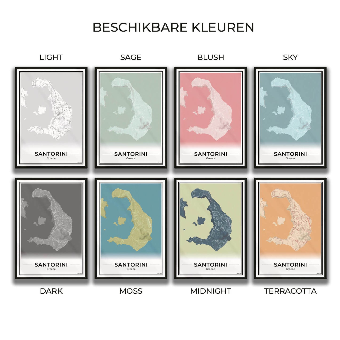 Santorini Eilandkaart – Poster - Overzicht alle kleurvarianten