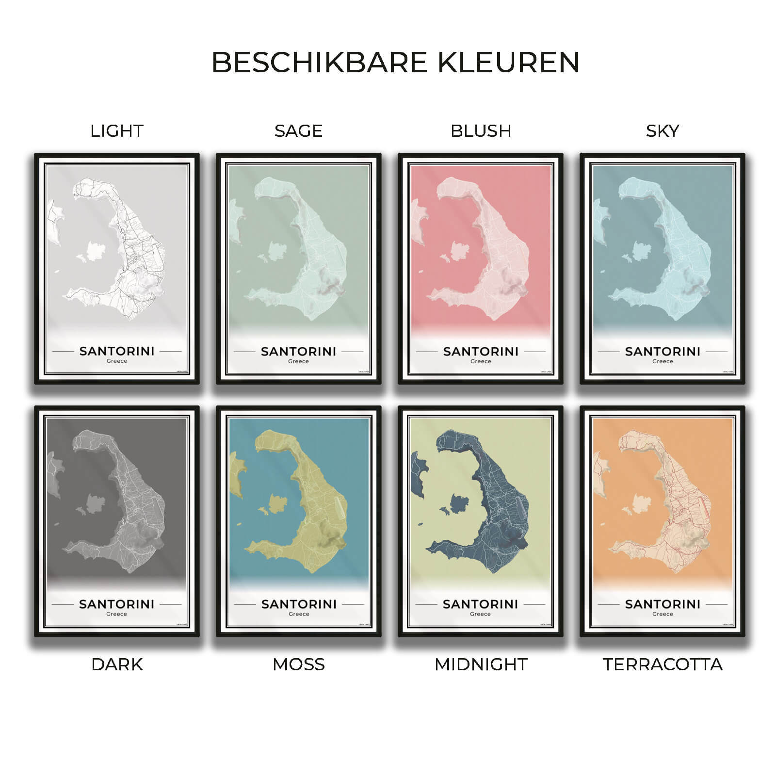 Santorini Eilandkaart – Poster - Overzicht alle kleurvarianten