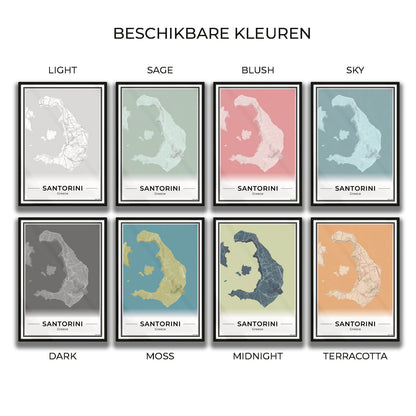 Santorini Eilandkaart – Poster - Overzicht alle kleurvarianten