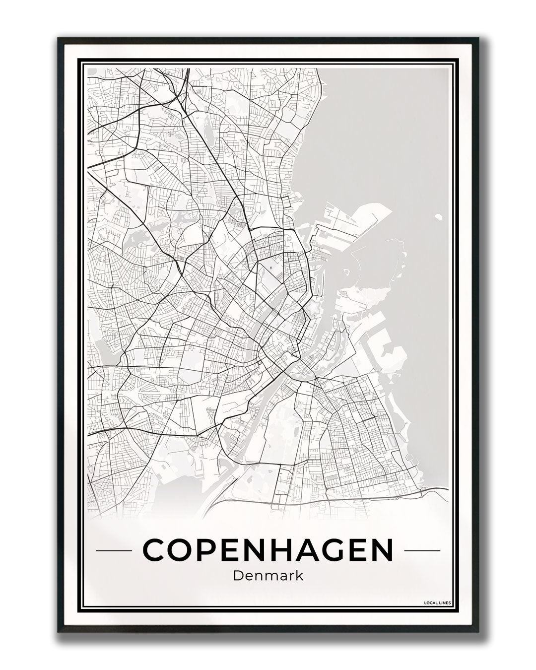 Kopenhagen Stadskaart – Poster - Light ingelijst