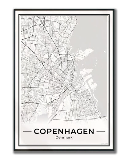Kopenhagen Stadskaart – Poster - Light ingelijst