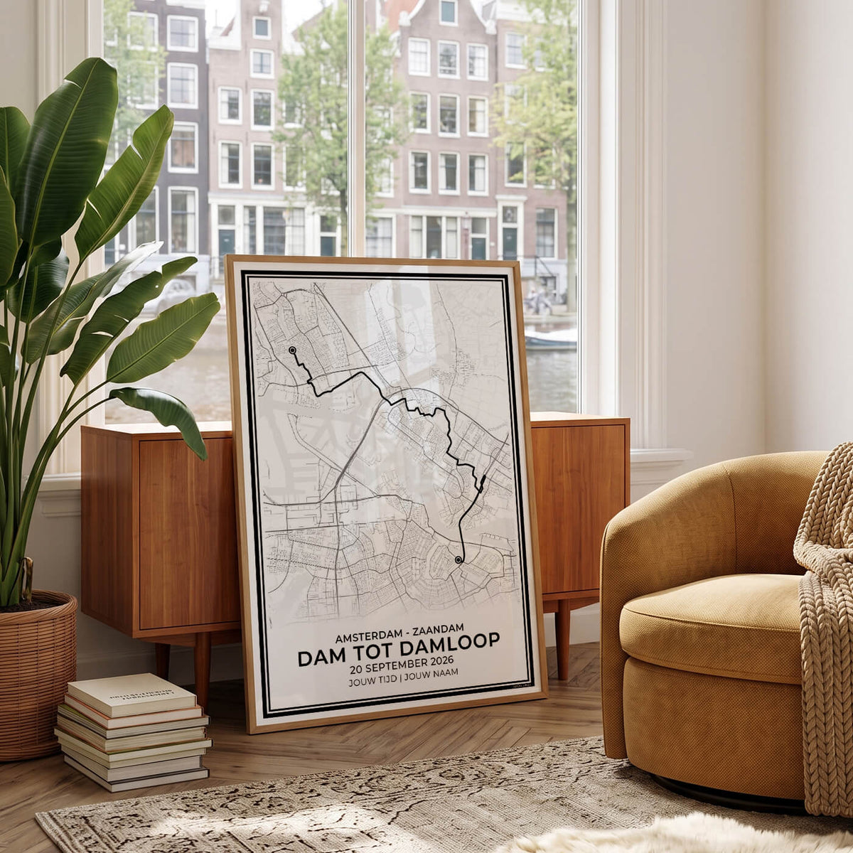 Ingelijste Dam tot Damloop routeposter voor hardlopers in woonkamer als decoratie