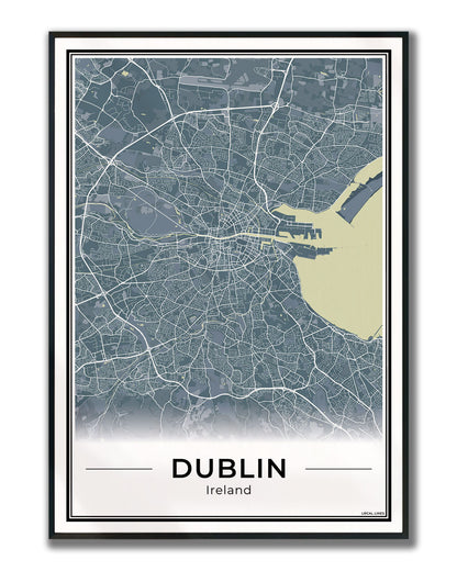 Dublin Stadskaart – Poster - Midnight ingelijst