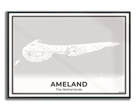 Ameland Eilandkaart Poster voor Woonkamer ingelijst Light