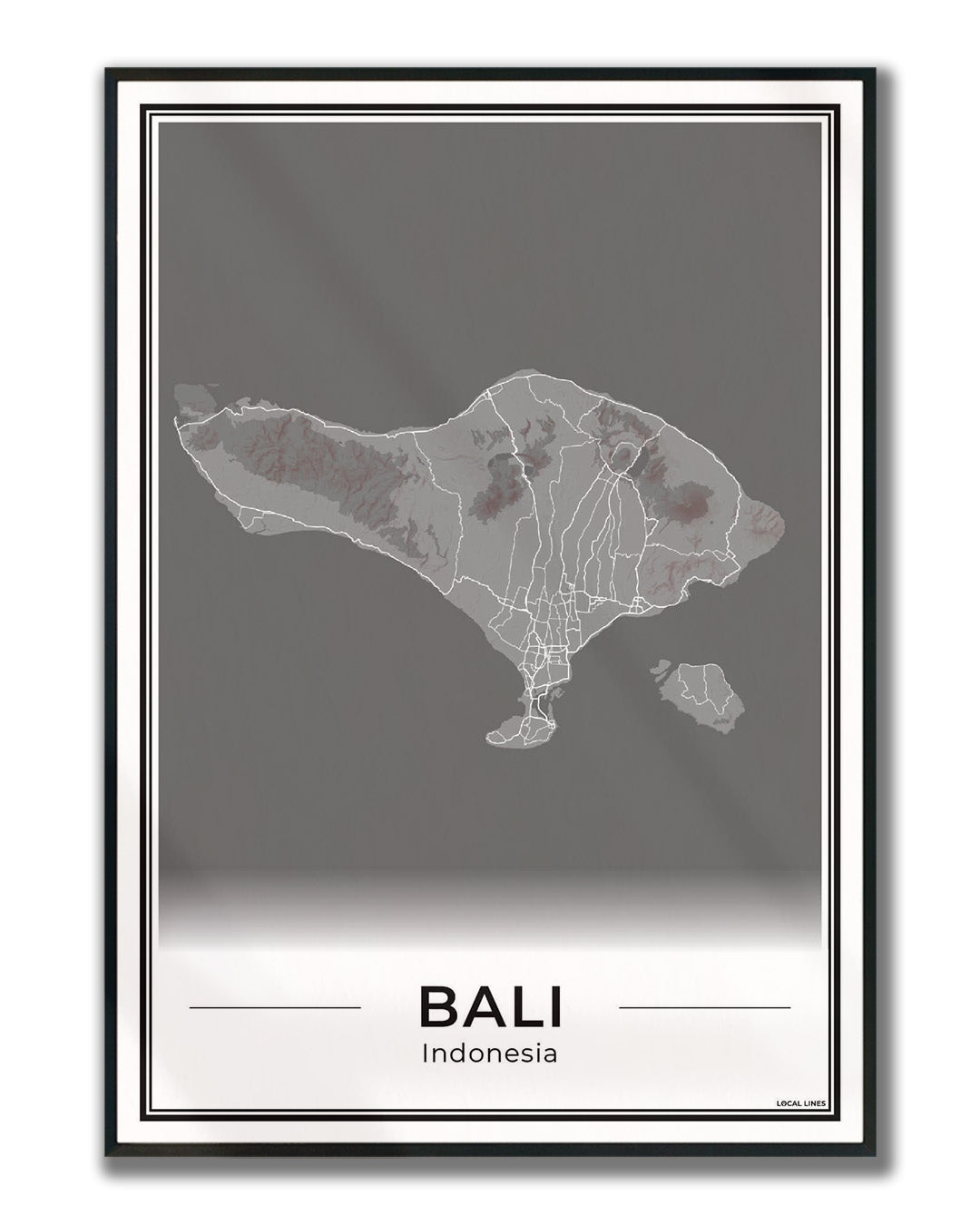 Poster van Bali Eilandkaart voor Wanddecoratie ingelijst Dark