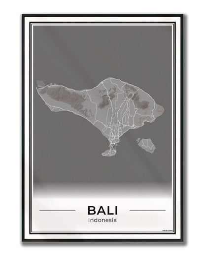 Poster van Bali Eilandkaart voor Wanddecoratie ingelijst Dark