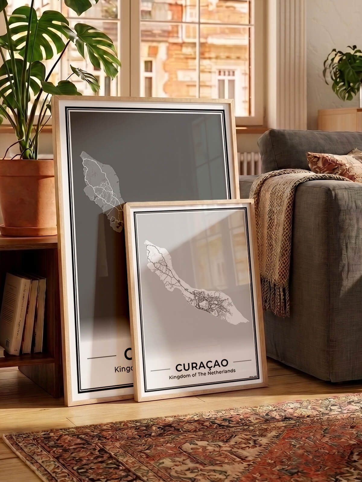 Poster Curaçao eilandkaart als wanddecoratie in wit en grijs Algemeen
